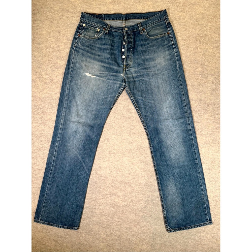 Levis 501 Jeans Mens‎ 36x34 Blue Distressed Denim Cotton Button Fly Straight Leg